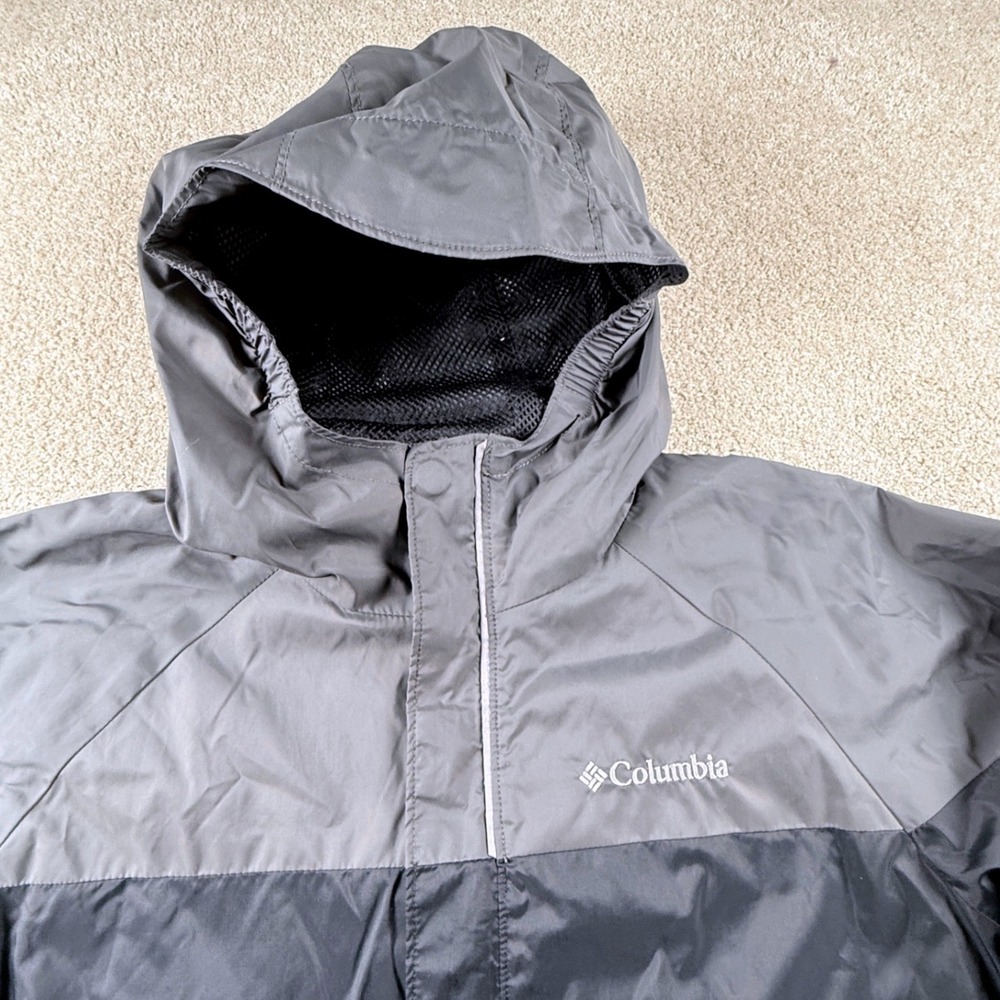Columbia Rain Jacket Kids Medium 10/12 Gray Black Hooded Colorblock Coat